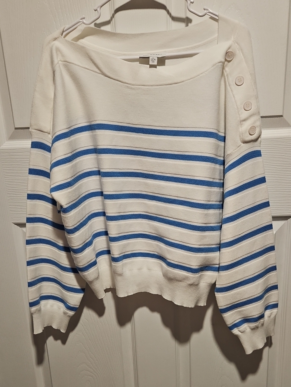 Boatneck Striped Button-Shoulder Sweater - White & Blue
